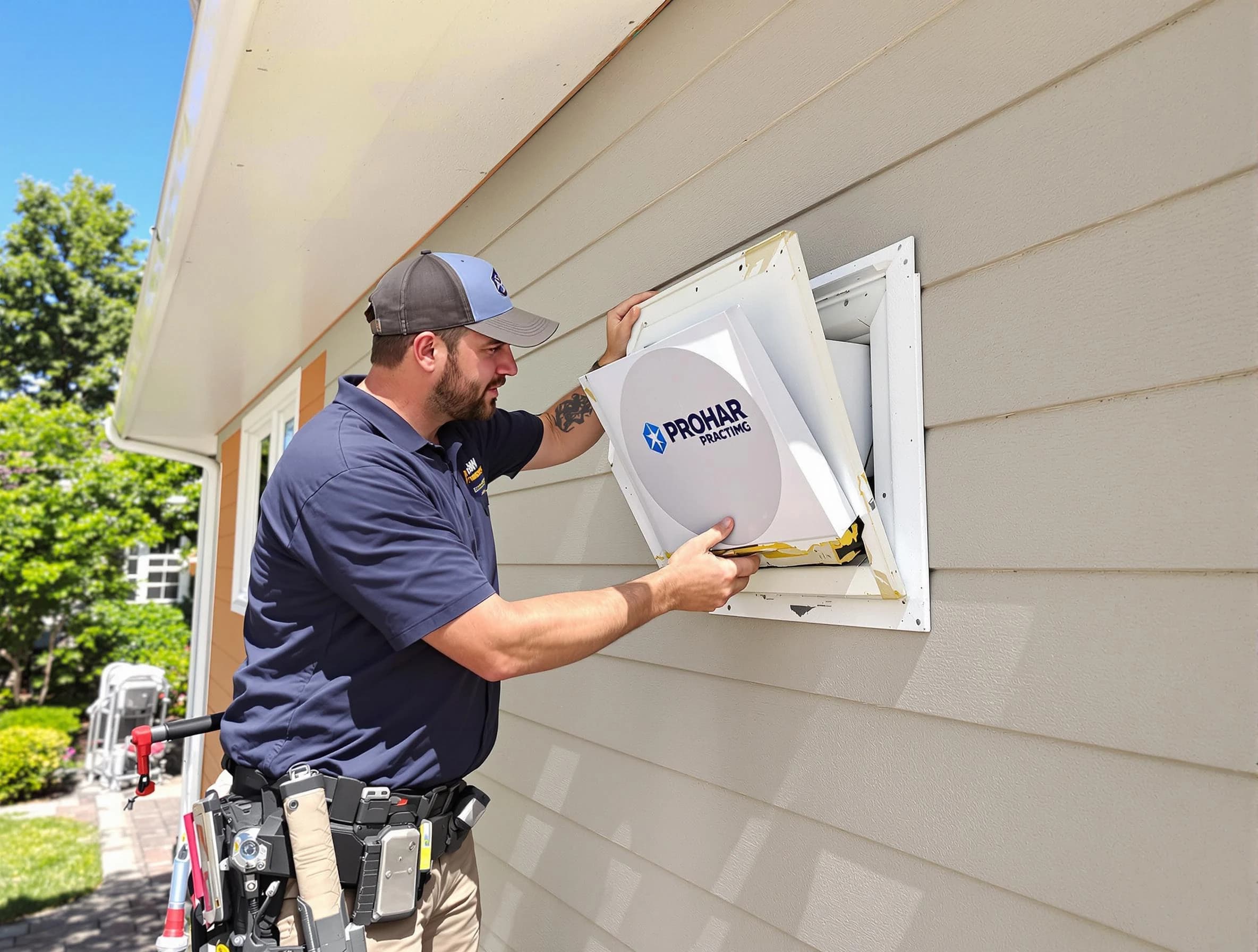 Tuttle Dryer Vent Cleaning technician installing a new protective dryer vent cover on a home in Tuttle