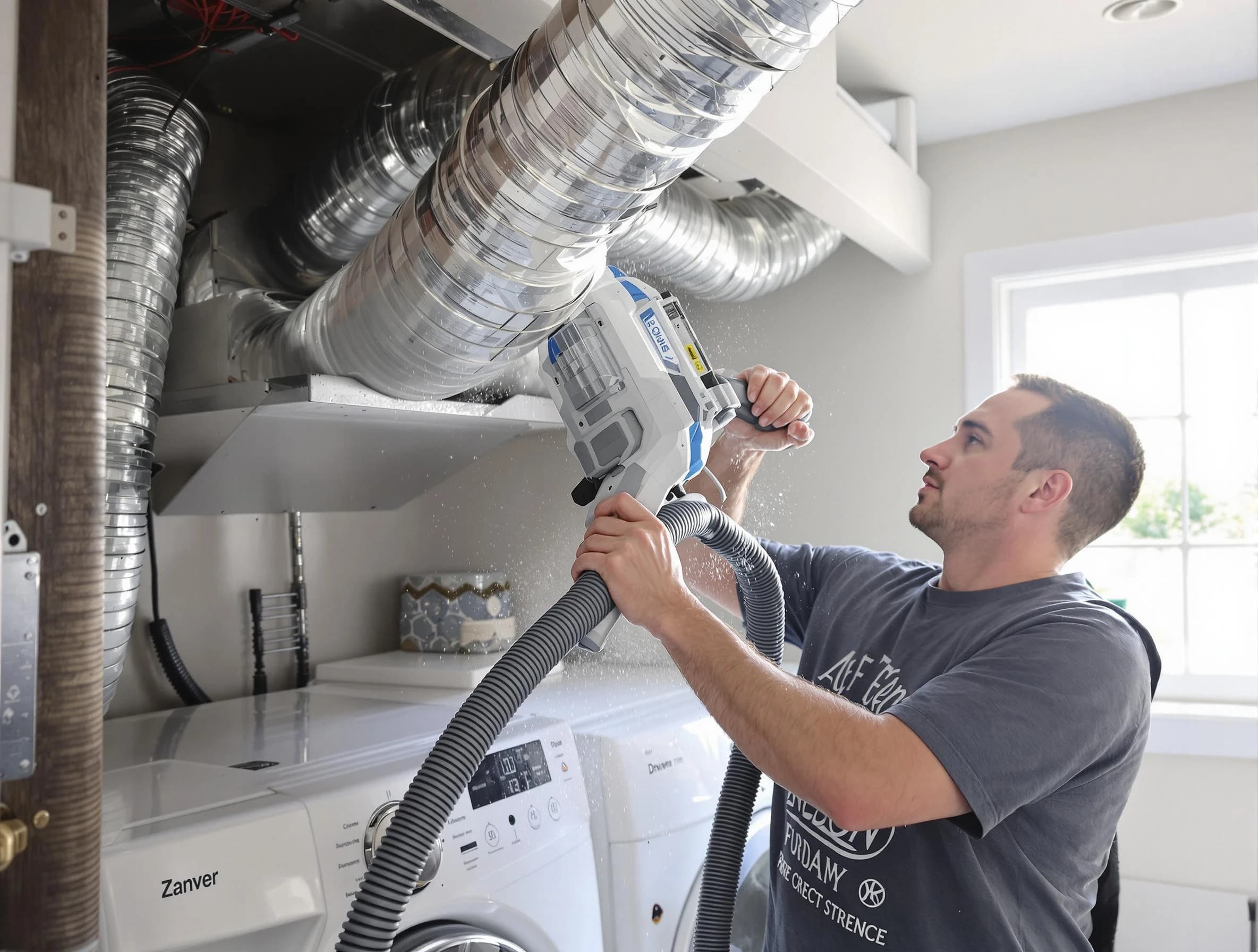 Tuttle Dryer Vent Cleaning specialist cleaning deep within a dryer vent duct system in Tuttle