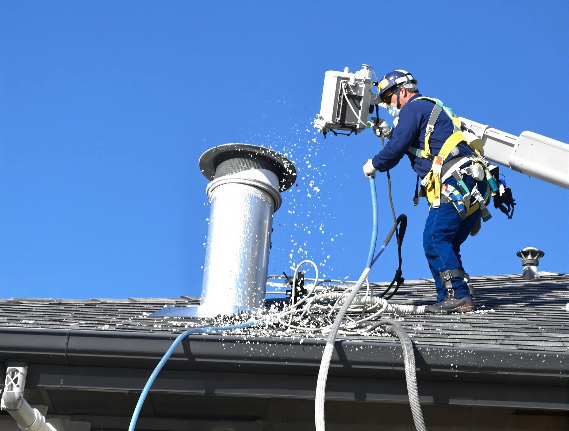 Tuttle Dryer Vent Cleaning certified technician safely cleaning a roof-mounted dryer vent in Tuttle