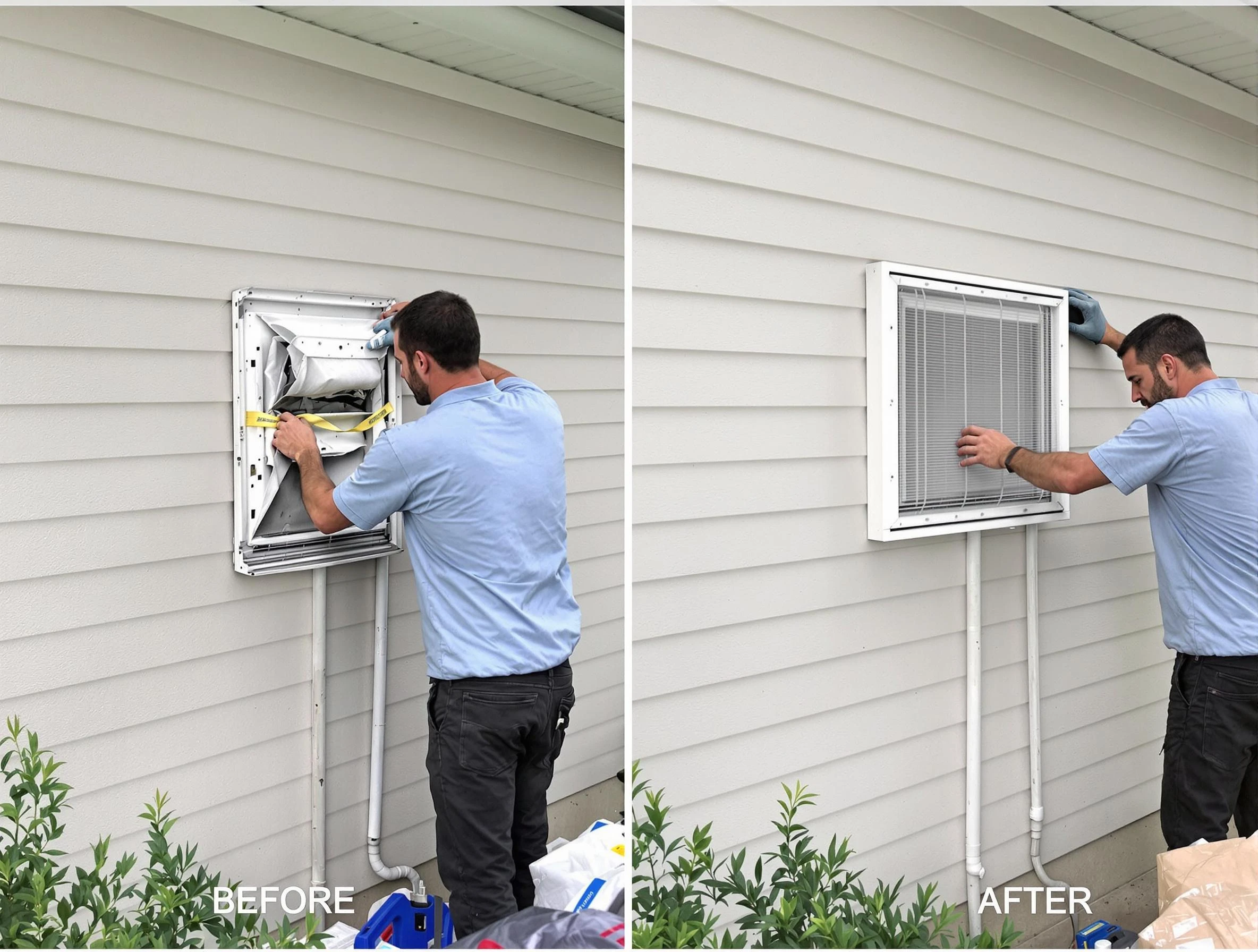 Tuttle Dryer Vent Cleaning technician installing high-quality dryer vent cover at a residential property in Tuttle